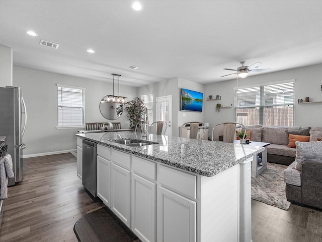 22010 Great Royal Ln, Houston, TX 77073 - kitchen with stainless steel appliances, dark wood-style flooring, a ceiling fan, healthy amount of natural light, and recessed lighting