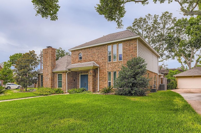 20746 Prince Creek Dr, Katy, TX 77450 - view of front of property featuring brick siding, a front lawn, a chimney, a shingled roof, and a garage