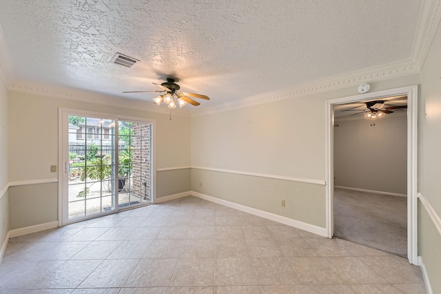 20746 Prince Creek Dr, Katy, TX 77450 - spare room featuring a textured ceiling, ceiling fan, a smoke detector, light tile patterned floors, and crown molding