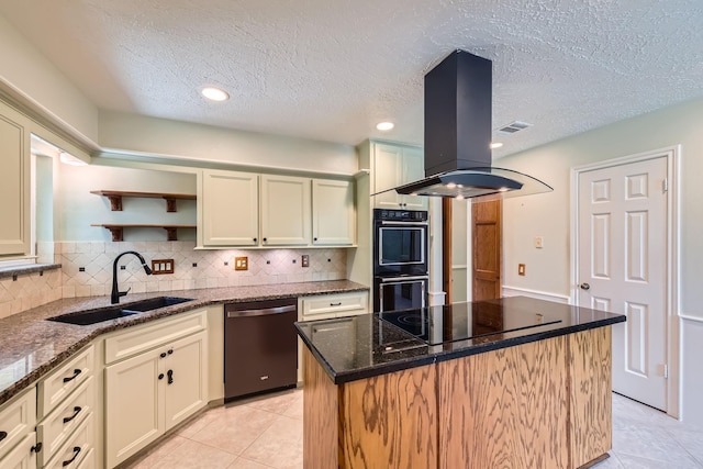 20746 Prince Creek Dr, Katy, TX 77450 - kitchen with black appliances, open shelves, island exhaust hood, light tile patterned floors, and tasteful backsplash