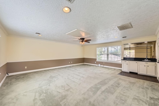 20746 Prince Creek Dr, Katy, TX 77450 - unfurnished living room featuring carpet floors, a textured ceiling, and crown molding