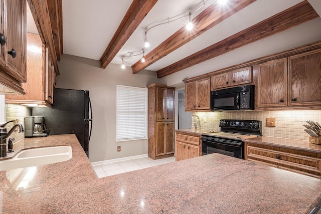 4821 Lawrence Rd, Baytown, TX 77523 - kitchen with black appliances, light tile patterned floors, beamed ceiling, backsplash, and light stone countertops