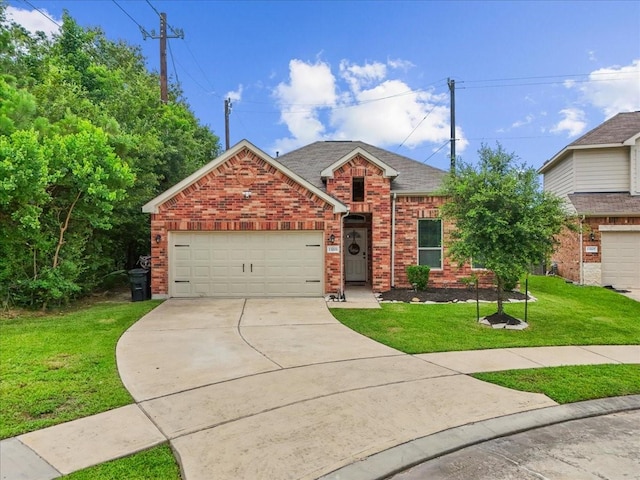 13203 Adolpho Dr, Houston, TX 77044 - view of front of property with driveway, brick siding, a front lawn, and an attached garage