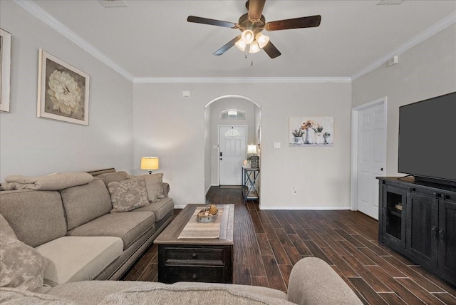 13203 Adolpho Dr, Houston, TX 77044 - living area with a ceiling fan, arched walkways, crown molding, and wood finished floors
