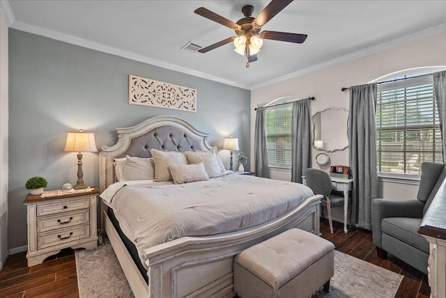 13203 Adolpho Dr, Houston, TX 77044 - bedroom featuring dark wood-style flooring, ornamental molding, and a ceiling fan