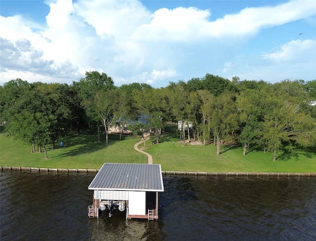 11391 Lakeshore Dr, Thornton, TX 76687 - dock featuring a water view, boat lift, and a lawn
