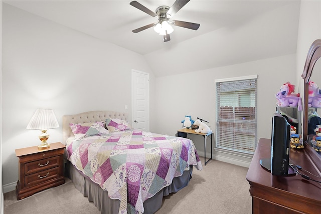 23649 Sage Villa Dr, New Caney, TX 77357 - bedroom with light colored carpet, lofted ceiling, and a ceiling fan