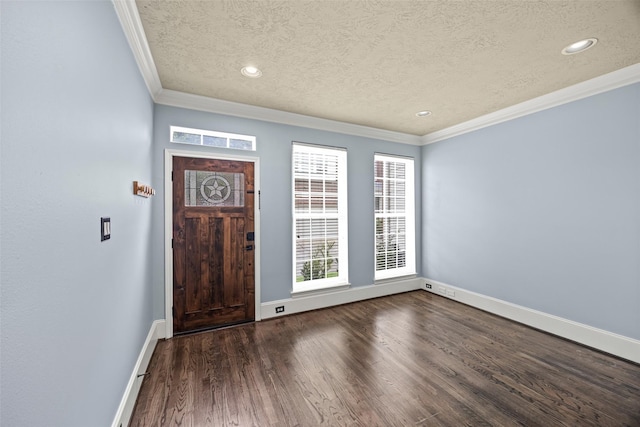 1773 Aden Dr, Houston, TX 77003 - foyer with a textured ceiling, crown molding, dark wood finished floors, and recessed lighting