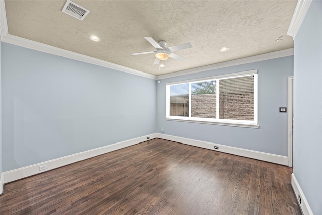 1773 Aden Dr, Houston, TX 77003 - empty room featuring a ceiling fan, dark wood finished floors, a textured ceiling, recessed lighting, and crown molding