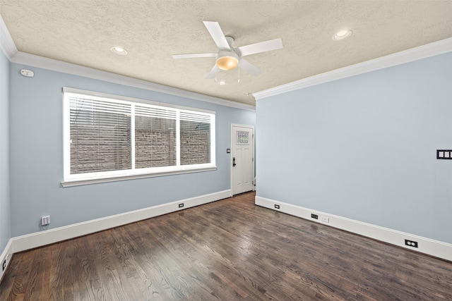 1773 Aden Dr, Houston, TX 77003 - empty room featuring a textured ceiling, ornamental molding, recessed lighting, wood finished floors, and ceiling fan