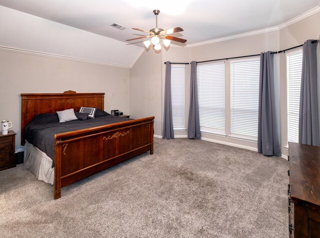 6111 Windsor Chase Ln, League City, TX 77573 - bedroom featuring crown molding, carpet, multiple windows, vaulted ceiling, and ceiling fan