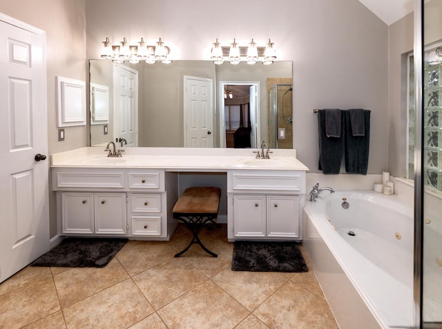 6111 Windsor Chase Ln, League City, TX 77573 - bathroom featuring double vanity, a jetted tub, a shower stall, tile patterned floors, and vaulted ceiling
