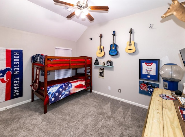 6111 Windsor Chase Ln, League City, TX 77573 - bedroom featuring carpet flooring, lofted ceiling, and ceiling fan