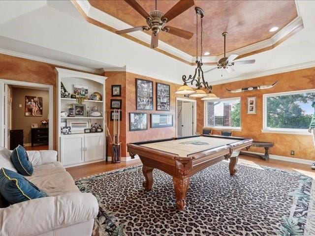 2700 Spurlock Rd, Nederland, TX 77627 - game room with ceiling fan, billiards, a tray ceiling, ornamental molding, and wood finished floors