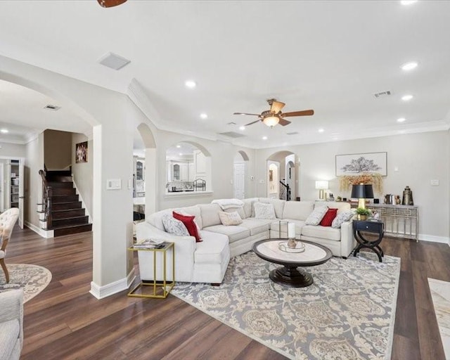 2700 Spurlock Rd, Nederland, TX 77627 - living room with arched walkways, a ceiling fan, stairway, recessed lighting, and ornamental molding