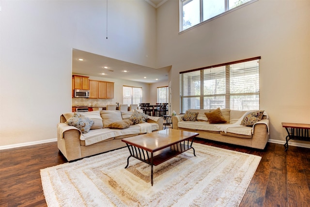 5002 Sawmill Terrace Ln, Spring, TX 77389 - living room featuring healthy amount of natural light, dark wood-style floors, crown molding, a towering ceiling, and recessed lighting