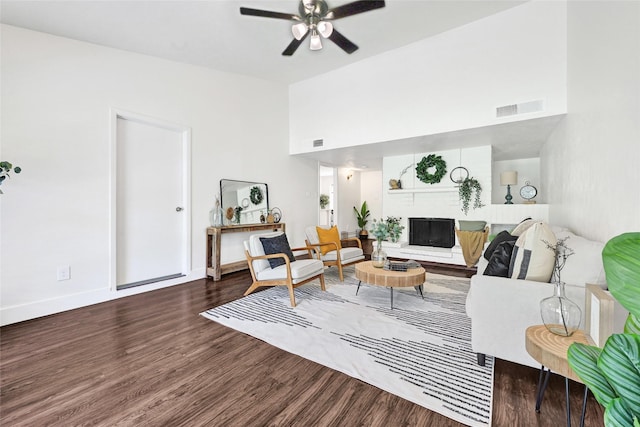 5518 Fair Forest Dr, Houston, TX 77088 - living area with wood finished floors, ceiling fan, and a high ceiling