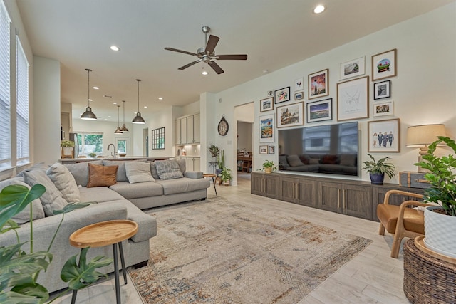 454 Glacier Pass, Montgomery, TX 77316 - living room featuring ceiling fan, recessed lighting, and wood finished floors