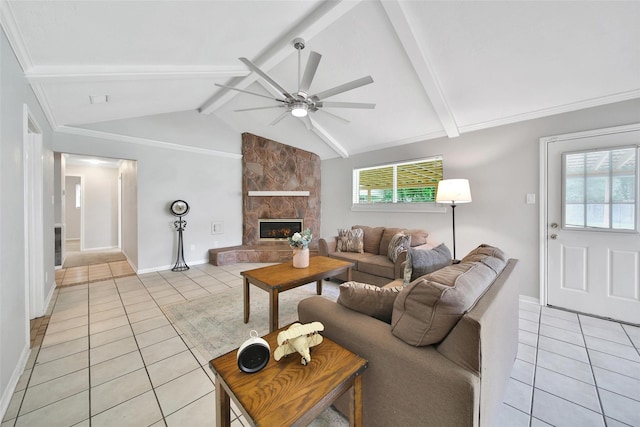 24193 Kelly St, Porter, TX 77365 - living room featuring light tile patterned floors, ceiling fan, and a stone fireplace