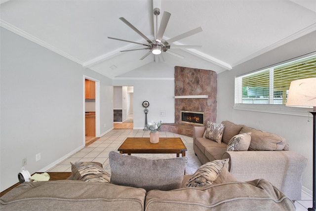 24193 Kelly St, Porter, TX 77365 - living area with a ceiling fan, a fireplace, and light tile patterned floors