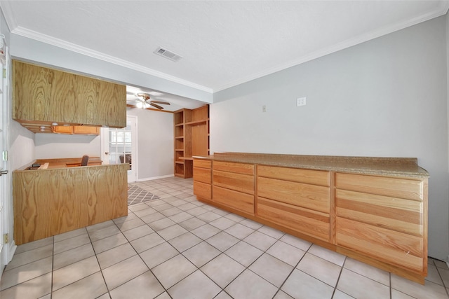 24193 Kelly St, Porter, TX 77365 - kitchen featuring a ceiling fan, ornamental molding, and light tile patterned flooring