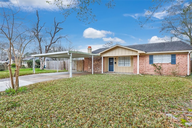 7730 Wickersham Pl, Beaumont, TX 77706 - ranch-style home with an attached carport, driveway, board and batten siding, brick siding, and roof with shingles