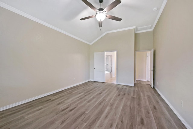 19823 White Pearl Ct, Houston, TX 77073 - unfurnished bedroom with crown molding, wood finished floors, high vaulted ceiling, connected bathroom, and ceiling fan