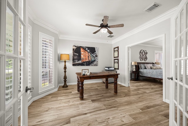 3506 Stanbury Place Ln, Katy, TX 77494 - home office featuring french doors, ceiling fan, light wood finished floors, and crown molding