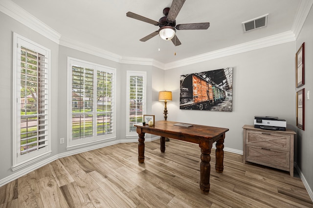 3506 Stanbury Place Ln, Katy, TX 77494 - home office with wood finished floors, ceiling fan, and crown molding