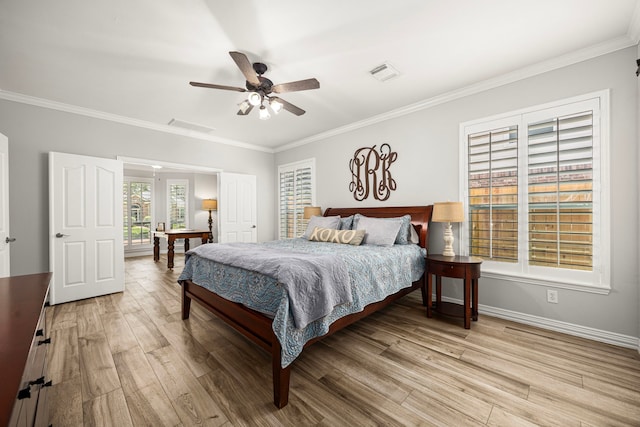 3506 Stanbury Place Ln, Katy, TX 77494 - bedroom with ornamental molding, light wood-style flooring, and a ceiling fan