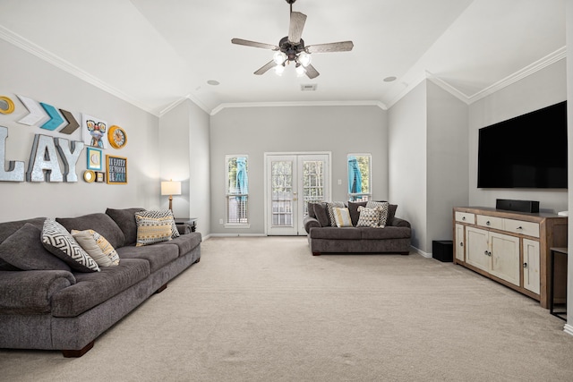 3506 Stanbury Place Ln, Katy, TX 77494 - living area featuring lofted ceiling, light carpet, a ceiling fan, and crown molding