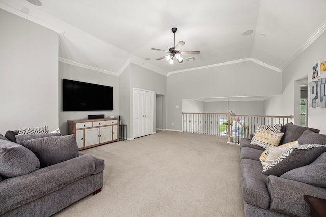 3506 Stanbury Place Ln, Katy, TX 77494 - living room featuring a ceiling fan, crown molding, plenty of natural light, light colored carpet, and vaulted ceiling