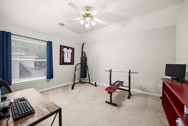3506 Stanbury Place Ln, Katy, TX 77494 - workout room featuring ceiling fan and carpet floors