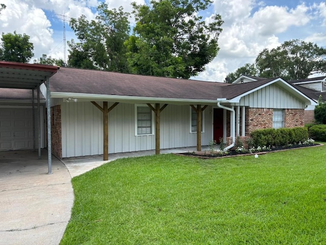 3706 Galway Ln, Houston, TX 77080 - ranch-style home featuring a front lawn, driveway, a carport, board and batten siding, and brick siding