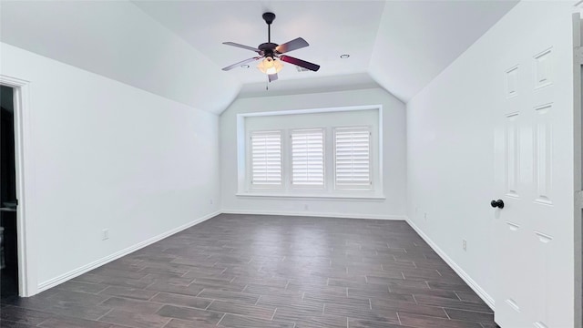 9711 Dill Canyon Ln, Katy, TX 77494 - unfurnished room with dark wood finished floors, vaulted ceiling, and ceiling fan