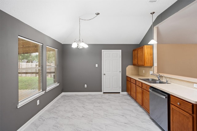 5532 N Buffalo Cir, Willis, TX 77378 - kitchen with stainless steel dishwasher, vaulted ceiling, light marble finish flooring, light countertops, and a chandelier