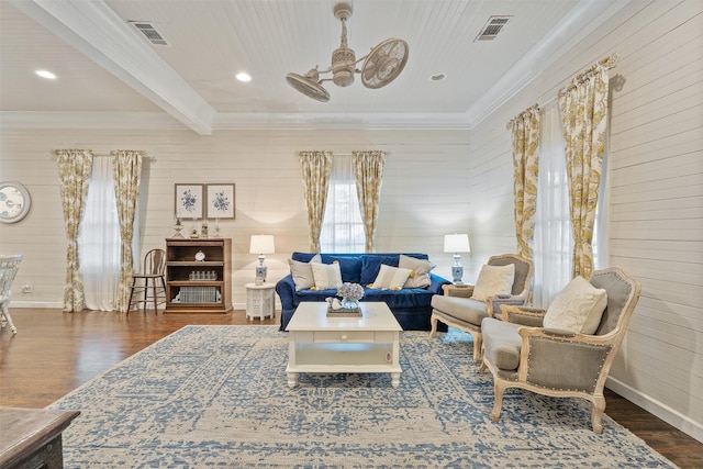 91 Willow St, Point Blank, TX 77364 - living room with wood walls, wood finished floors, a ceiling fan, ornamental molding, and recessed lighting