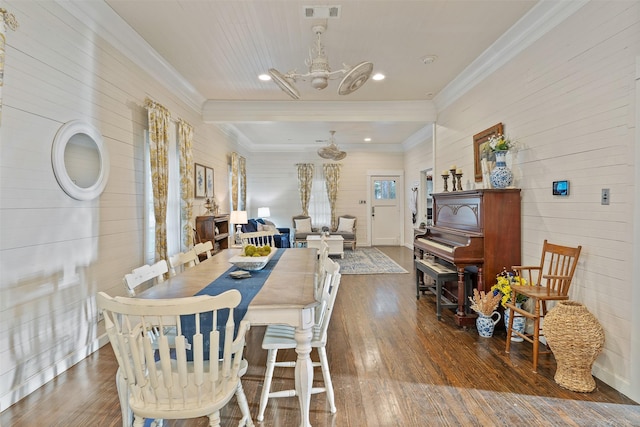 91 Willow St, Point Blank, TX 77364 - dining room with a chandelier, wood-type flooring, ornamental molding, wood walls, and recessed lighting
