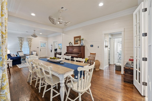 91 Willow St, Point Blank, TX 77364 - dining area featuring dark wood finished floors, ornamental molding, a chandelier, recessed lighting, and wood walls
