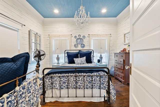 91 Willow St, Point Blank, TX 77364 - bedroom featuring wood finished floors, recessed lighting, a chandelier, and wood ceiling