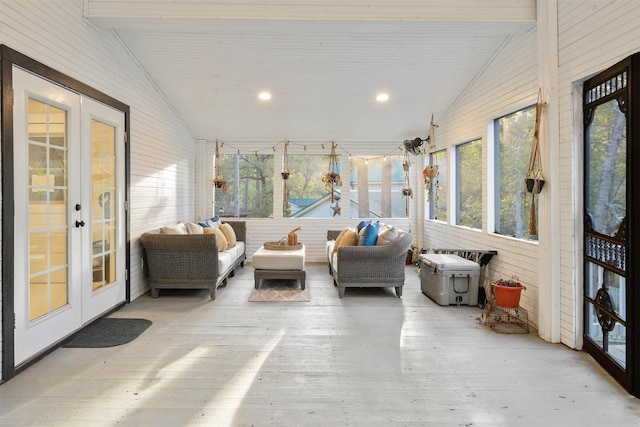 91 Willow St, Point Blank, TX 77364 - sunroom / solarium with vaulted ceiling, french doors, a deck, hardwood / wood-style floors, and recessed lighting