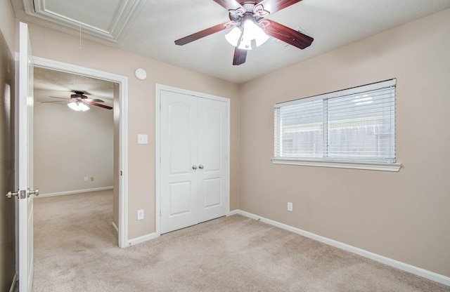 1814 High Falls Ln, Pearland, TX 77581 - unfurnished bedroom with attic access, light colored carpet, and a ceiling fan