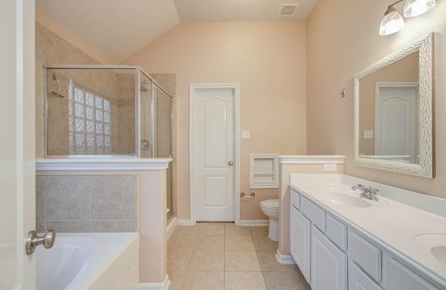 1814 High Falls Ln, Pearland, TX 77581 - full bath with a shower stall, double vanity, a bath, tile patterned flooring, and lofted ceiling