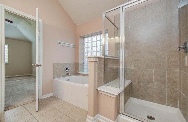1814 High Falls Ln, Pearland, TX 77581 - full bath featuring vaulted ceiling, tile patterned flooring, a garden tub, and a shower stall