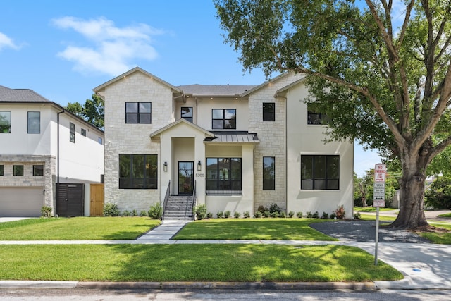 5200 Mimosa Dr, Bellaire, TX 77401 - contemporary home featuring stone siding, a front lawn, a standing seam roof, and stucco siding