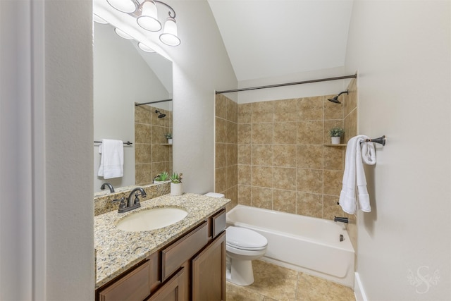 27706 Lakeway Trail Ln, Fulshear, TX 77441 - bathroom with vanity, lofted ceiling, bathtub / shower combination, and tile patterned flooring