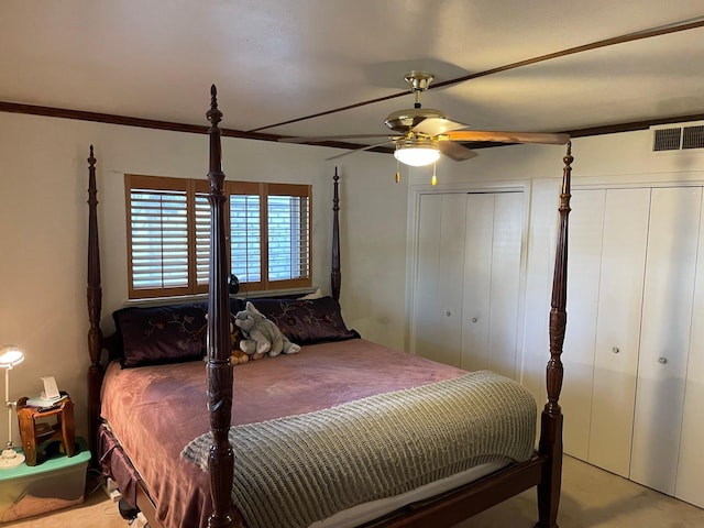 3102 Satellite Dr, San Antonio, TX 78217 - bedroom featuring light carpet, a ceiling fan, and ornamental molding