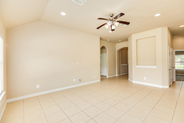 101 Brazos Ct, Richwood, TX 77531 - spare room featuring arched walkways, ceiling fan, recessed lighting, light tile patterned flooring, and lofted ceiling