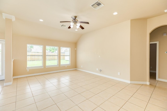 101 Brazos Ct, Richwood, TX 77531 - spare room with a ceiling fan, arched walkways, recessed lighting, vaulted ceiling, and light tile patterned floors