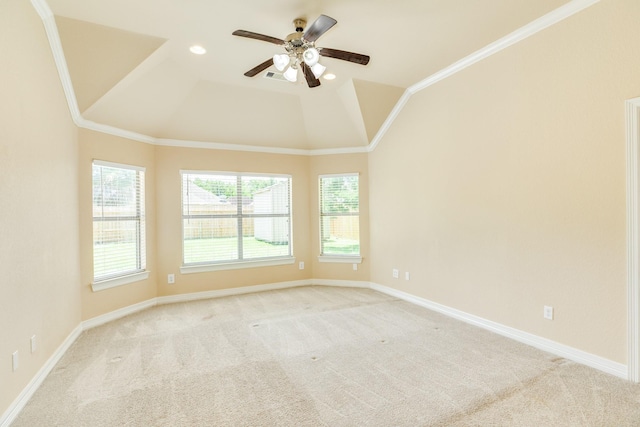 101 Brazos Ct, Richwood, TX 77531 - spare room featuring light carpet, ceiling fan, and vaulted ceiling